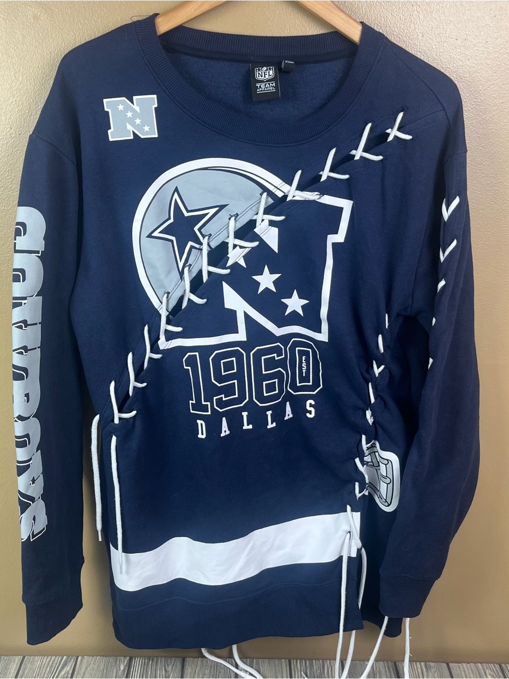NFL Dallas Cowboys Navy Lace-Up Graphic Sweatshirt Dress Tunic Women's Large